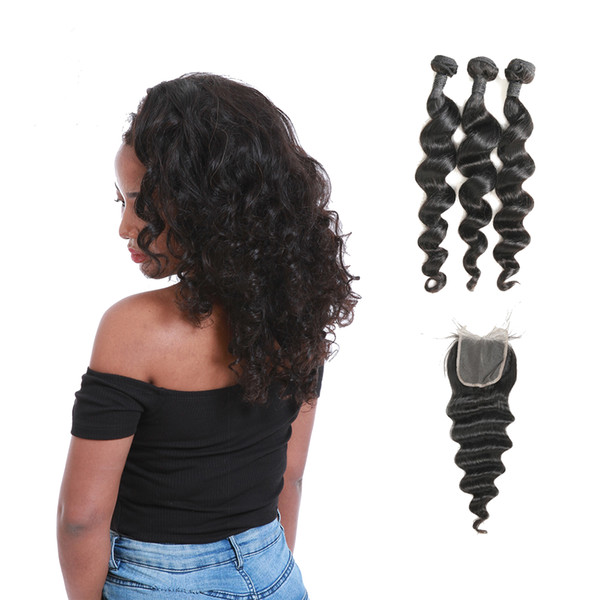 Laflare Hair Product Malaysian Loose Wave Virgin Human Hair 3 Bundles With Middle Part Lace Closure On Sale