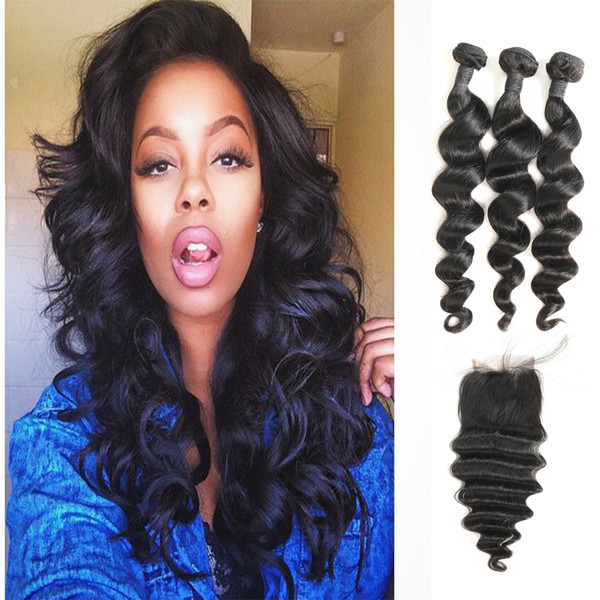 Grace Hair Products Wet And Wavy Virgin Peruvian Loose Wave Hair 3 Bundels With Free Part Lace Closure On Sale