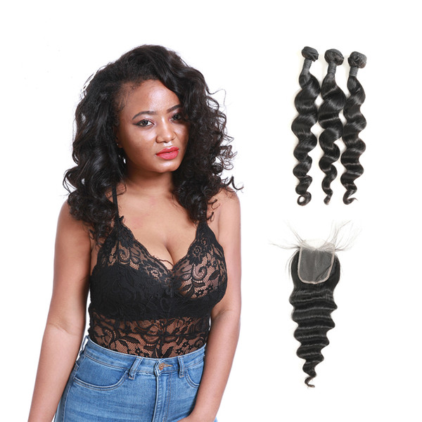Grade 9A Peruvian Natural Virgin Loose Wave Human Hair Bundles 3 Pcs With Middle Part Lace Closure For Sale