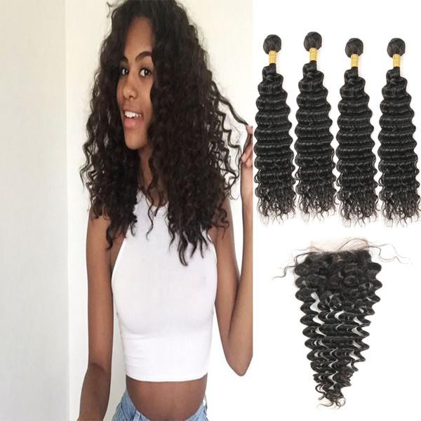 Best Selling Indian Virigin Unprosessed Deep Wave Human Hair 4 Bundles With 4*4 Middle Part Lace Closure