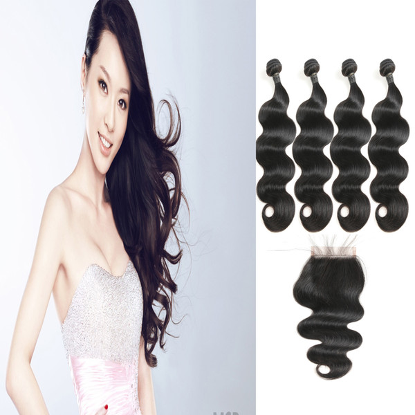 Grade 9A Malaysian Virgin Silky Human Hair Body Wave 4 Bundles With 4*4 Free Part Lace Closure 