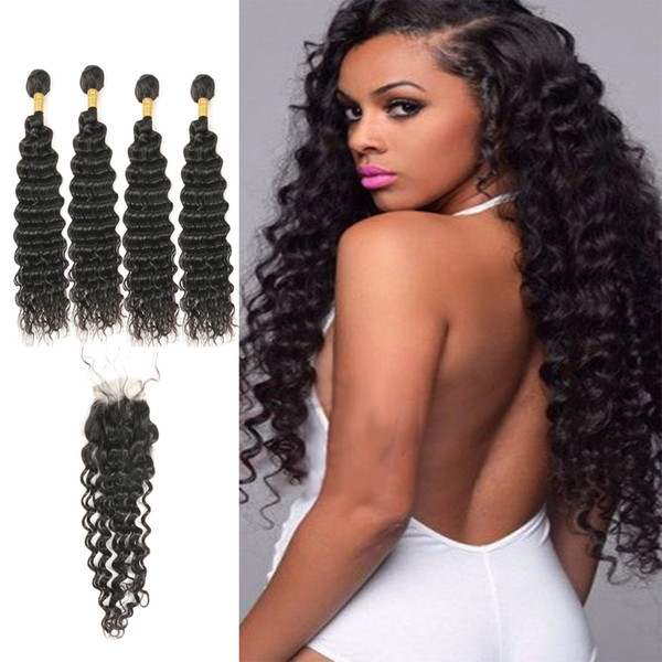 Malaysian Deep Wave Hair 9A Grade 100% Unprocessed Human Hair 4 Bundles With Three Part Lace Closure