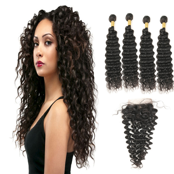 Malaysian Virgin Natural Black Human Hair Deep Wave 4 Bundles With Free Part Lace Closure On Sale