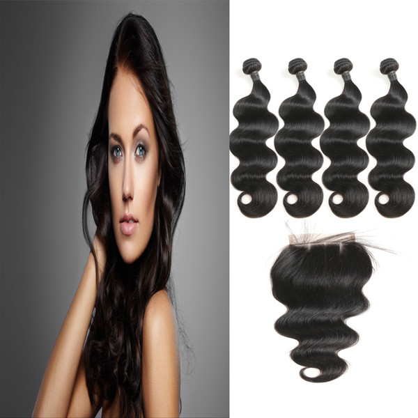 New Style Unprocessed 9A Peruvian Virgin Hair Human Hair Extensions Body Wave 4 Bundles With 3 Part Lace Closure