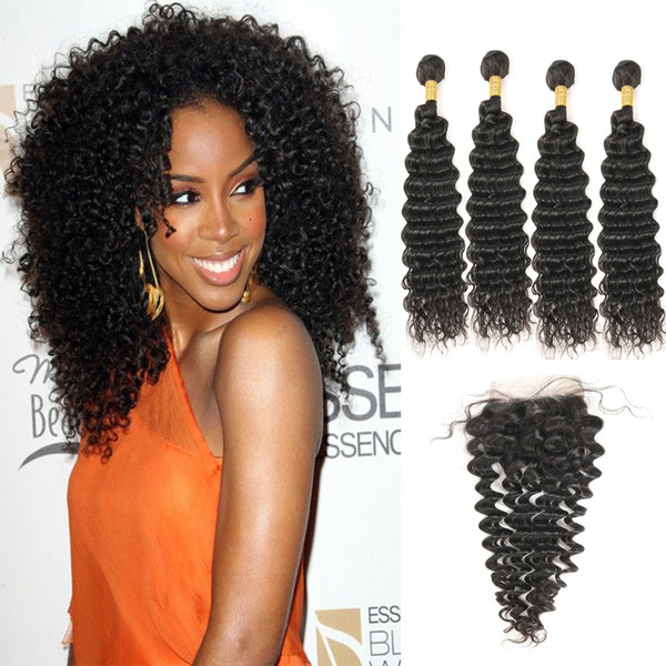 Laflare Hair Products Brazilian Natural Virgin Human Hair Deep Wave 4 Bundles With 4*4 Free Part Lace Closure