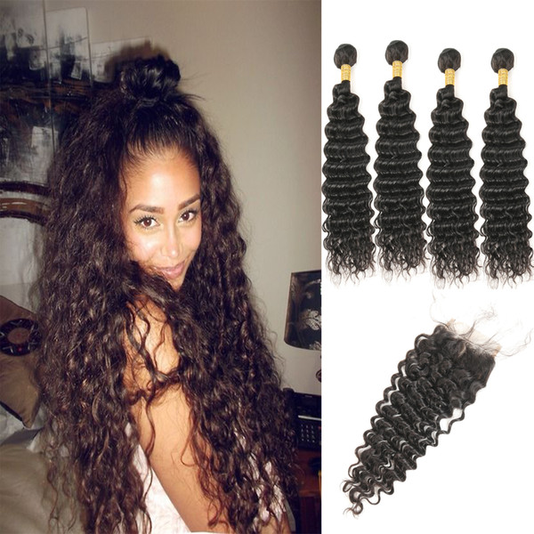 Laflare Hair Products Indian Natural Virgin Human Hair Deep Wave 4 Bundles With 4*4 Middle Part Lace Closure