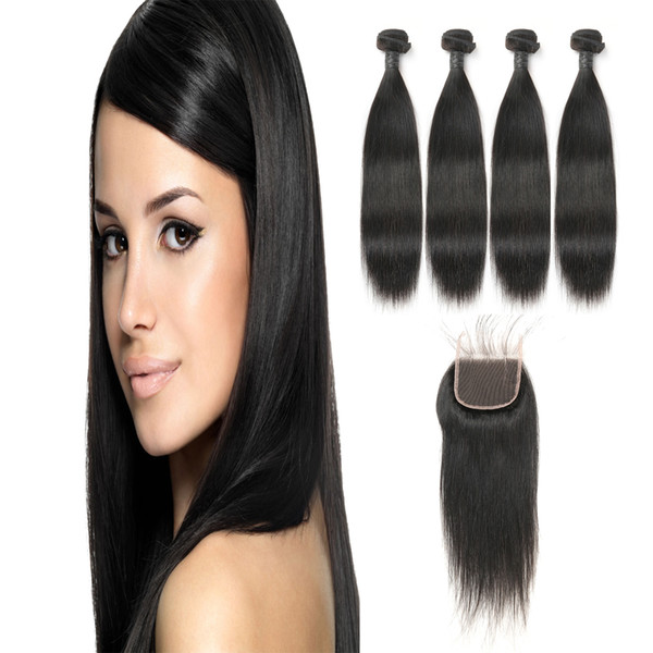 Malaysian Straight Virgin Unprocessed Human Hair 4 Bundles With Three Part 4*4 Closure Factory Directly Supply