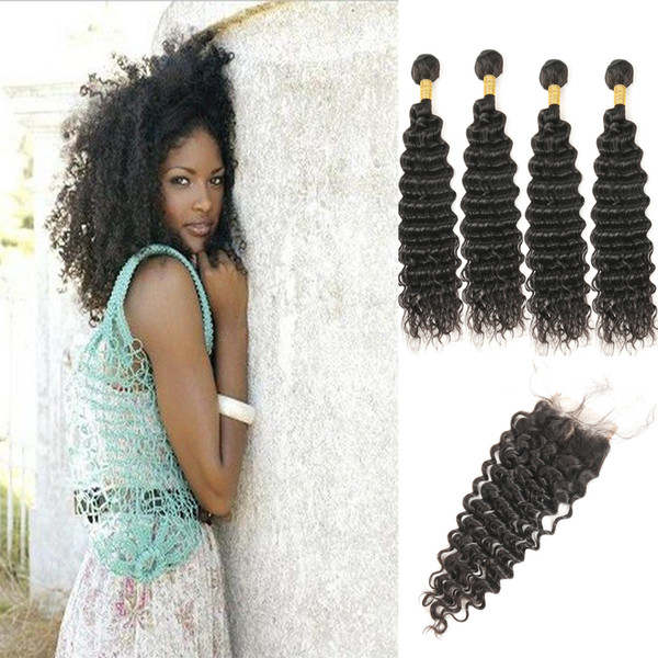 Brazilian Virgin Natural Black Human Hair Deep Wave 4 Bundles With Middle Part Lace Closure 