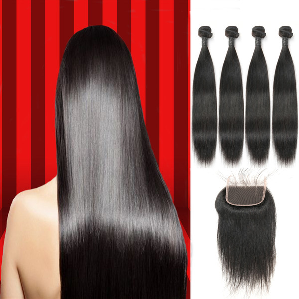 Grade 9A Indian Virgin Human Hair Bundles Straight Unprocessed Hair Extension 4 Bundles With Closure Three Part 4*4