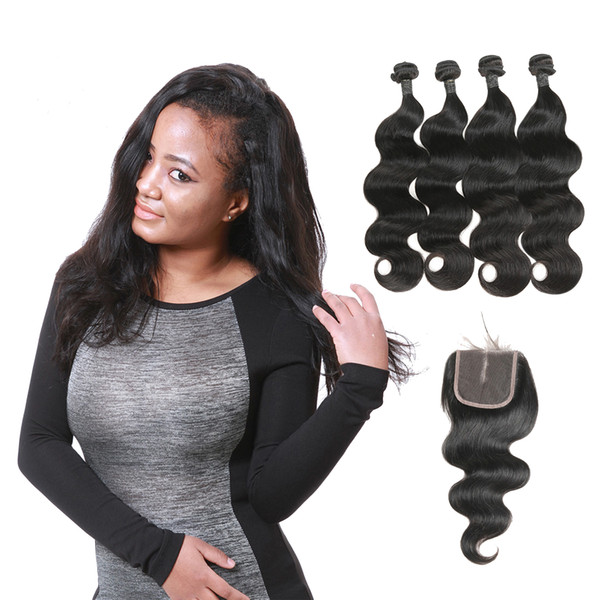 Brazilian Natural Black Virgin Human Hair 4 Bundles Body Wave Hair Extension With 4*4 Middle Part Lace Closure