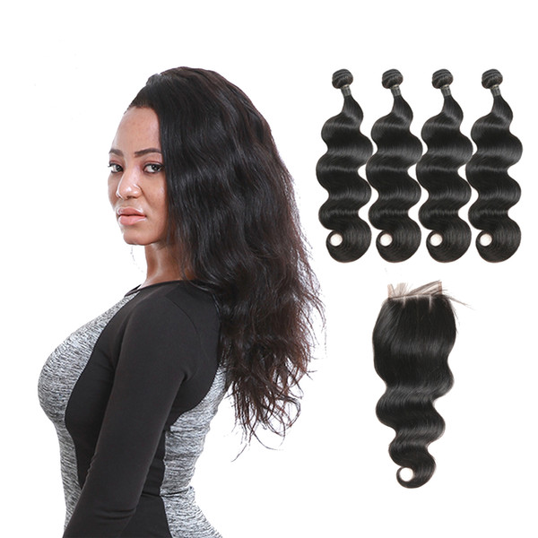 Grade 9A Human Hair Laflare Products Malaysian Body Wave Hair Extensions 4 Bundles With3 Part Lace Closure