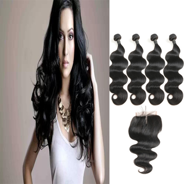 Top Quality Peruvian Natural Virgin Soft Human Hair 4 Bundles With 4*4 Middle Part Closure For Sale