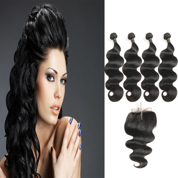 Best Selling Indian Virgin 100% Unprocessed Human Hair Body Wave Extension 4 Bundles With 4*4 Middle Part Lace Closure