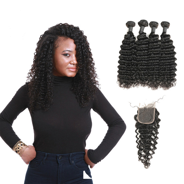 New Style Peruvian Virgin Human Hair Extensions Unprocessed Deep Wave 4 Bundles With 3 Part Lace Closure