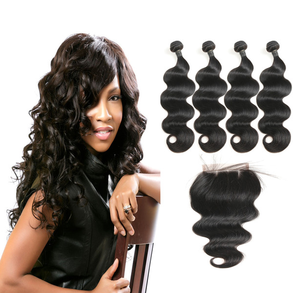 Hot Sale Indian Curly Virgin Unprocessed Natural Black Human Hair Body Wave 4 Bundles With 3 Part Lace Closure