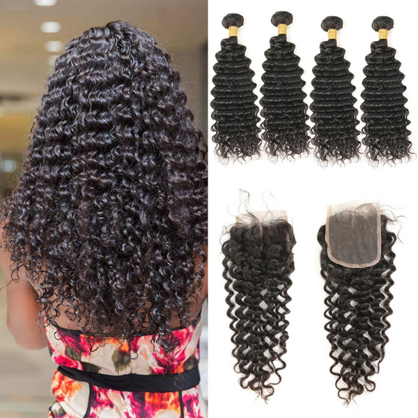 Indian Hair Deep Wave 4 Bundles With Free/Middle/Three Closure 100% Remy Human Hair Weave Nautral Black color 50g/bundle