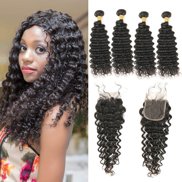 Malaysian Hair Deep Wave Human Hair 4 Bundles With 4*4 Free/Middle/Three Lace Closure 5 pcs/lot Remy Hair Extension 50g/bundle