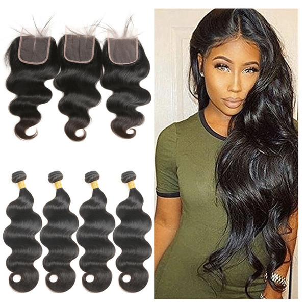 Brazilian Hair Bundles With Closure Body Wave 4 Bundles with 4*4 Free/Middle/Three Lace Closure Remy Human Hair Extension Natural Color