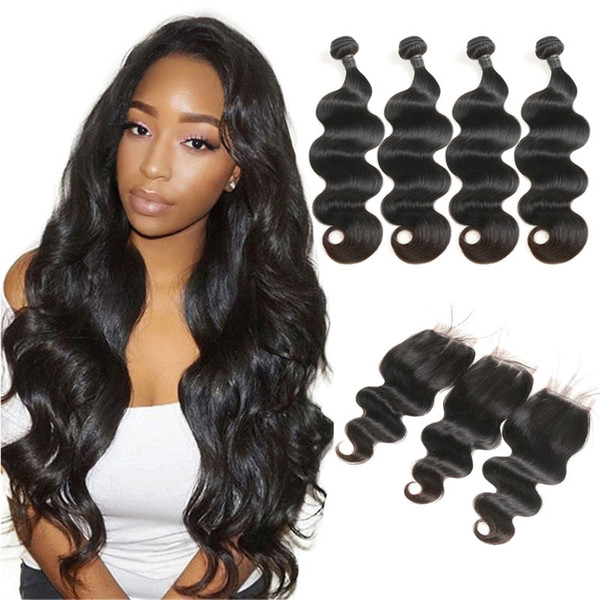 Body Wave 4 Bundles With 4*4 Free/Middle/Three Closure Malaysian Hair Weave Bundles With Closure 50g/pc Human Hair Ext