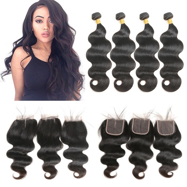 Peruvian Hair 4 Bundles With 4*4 Free/Middle/Three Closure Peruvian Body Wave Remy Human Hair Extensions 100g/bundle Natural Black Color