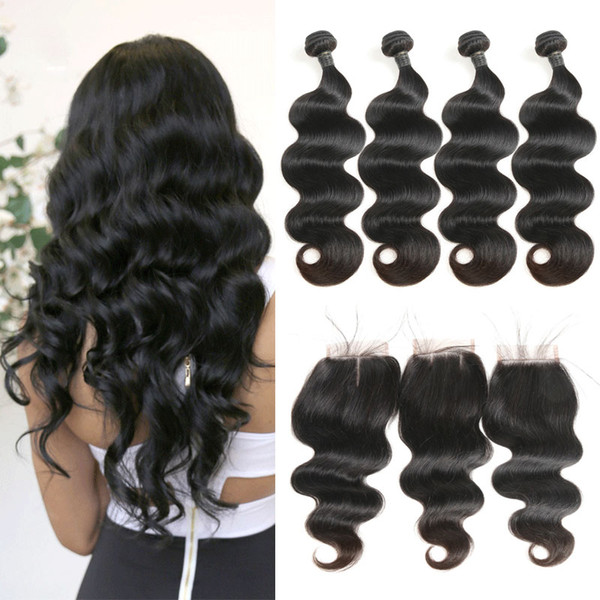 Peruvian Body Wave Bundles with 4*4 Lace Closure Brazilian Human Hair Weave 4 Bundles with Free/Middle/Three Closure Remy Hair