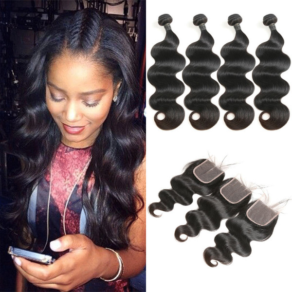 Indian Body Wave Hair Weave 4 Bundles With 4*4 Free/Middle/Three Lace Closure Remy Human Hair Extension 50g/pc Natural Black Color