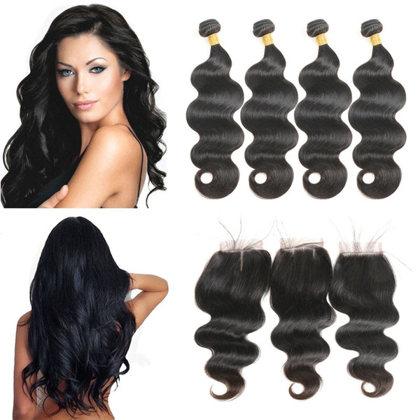 Indian Body Wave Hair Extension 4 Bundles With 4*4 Free/Middle/Three Part Lace Closure Body Wave Remy Human Hair Weave