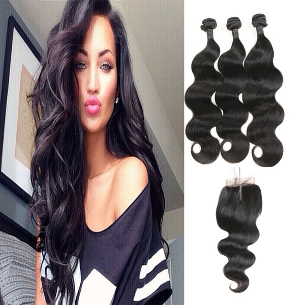 9A Best Selling Indian Unprocessed Natural Black Body Wave Human Hair 3 Bundles With Middle Part Lace Closure