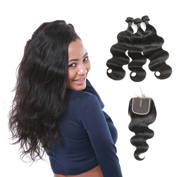 Laflare Hair Product Brazilian Soft Virgin Body Wave Human Hair 3 Bundles With Middle Part Lace Closure On Sale