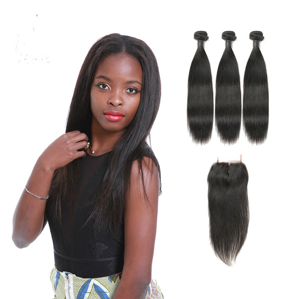 Best Selling Indian Straight Milk Unprocessed Virgin Hair 3 Bundles Hair Extensions With Middle Part Lace Closure For Sale