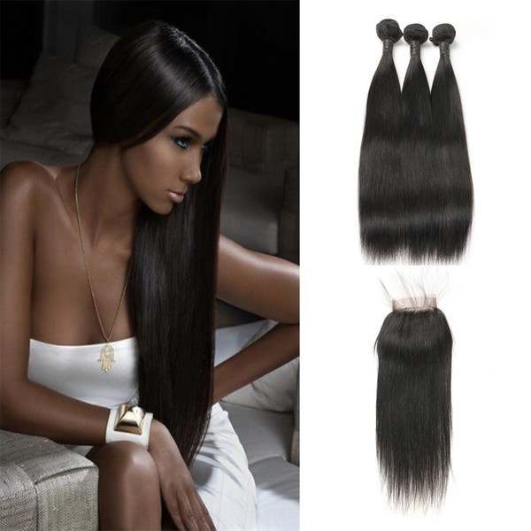 Brazilian Virgin Straight Hair Bundles Extensions With Free Part Lace Closure 100% Real Human Hair 3 Bundles Top Grade 9A