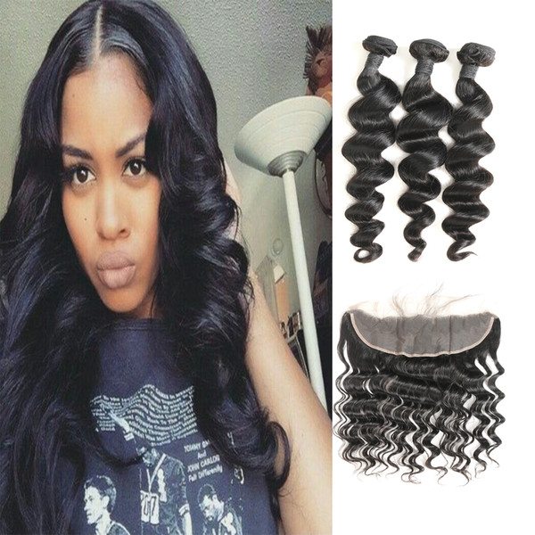 Brazilian Virgin Unprocessed Human Hair Extensions Loose Wave 3 Bundles Laflare Hair With 13*4 Frontal Closure