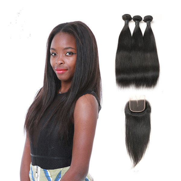 Hot Sale 3 Bundles 100% Human Hair Weaving Silky Brazilian Straight Hair Extensions With Middle Part Lace Closure Grade 9A