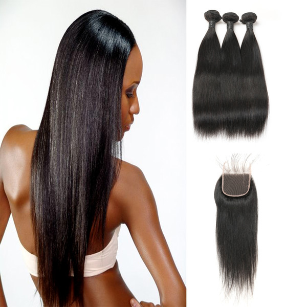 Peruvian Virgin Straight Hair Bundles Extensions With 3 Part Lace Closure 100% Real Human Hair 3 Bundles Top On Sale