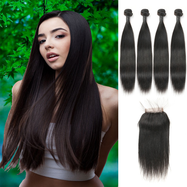 Natural Color Indian Straight Hair Free Part Closure With Human Hair Extensions 4 Bundles High Top Quality On Sale