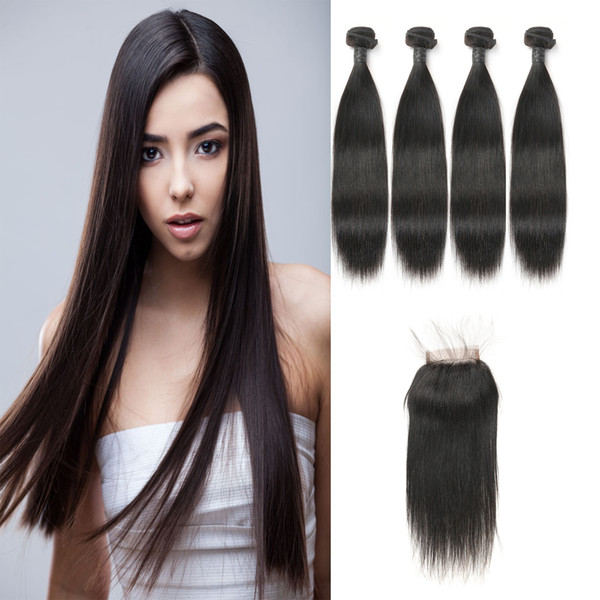 Grade 9A Unprocessed Brazilian Straight Virgin Human Hair Extension 4 Bundles Cheap With Free Part Closure For Sale