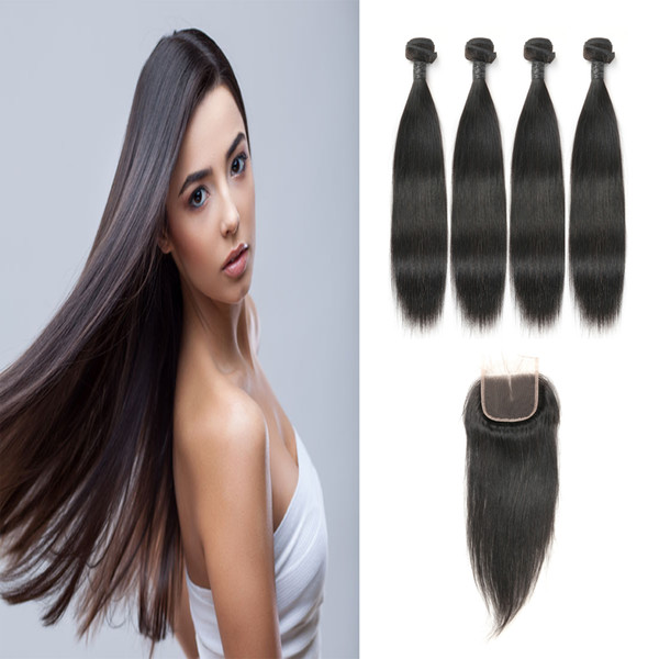 Peruvian Unprocessed Thick Straight Virgin Hair 4 Bundles With Middle Part Lace Closure Factory Directly Supply On Sale