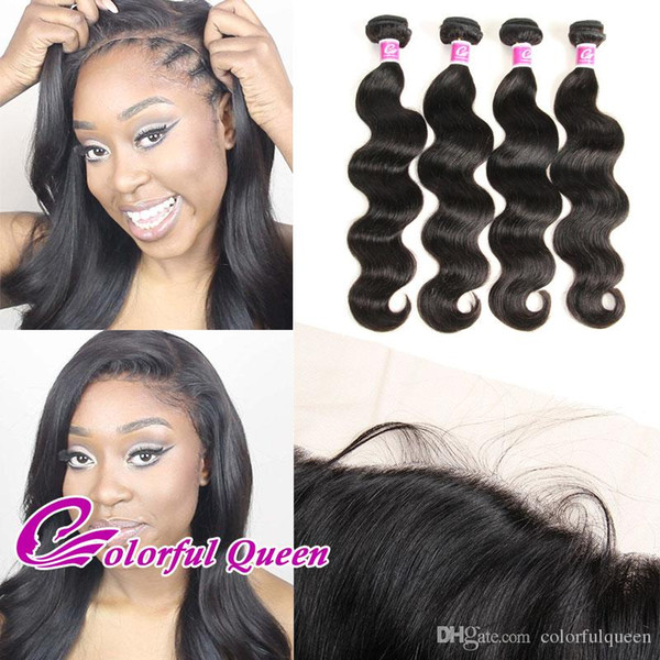 Peruvian Human Hair 4 Bundles with Lace Frontal Closure 5Pcs/Lot Straight Body Wave Virgin Hair Extensions with Lace Frontal Closure 13x4