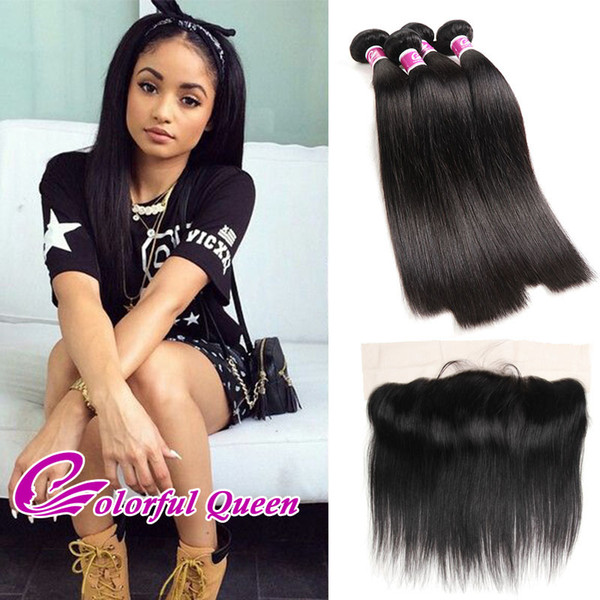 Peruvian Straight Human Hair Bundles with Lace Frontal Closure 5Pcs/Lot Peruvian Straight Virgin Hair Weaves with Lace Frontal Closure 13x4