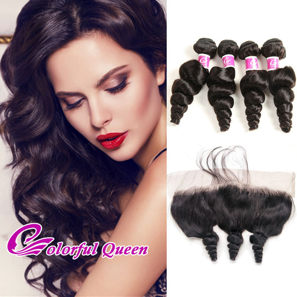 Colorful Queen Raw Indian Hair Bundles with Lace Frontal Closure Loose Wave 5Pcs/Lot Indian Virgin Hair Loose Wave with Lace Frontal Closure