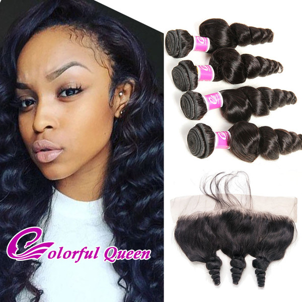 ColorfulQueen 7A Peruvian Hair Loose Wave with Lace Frontal Closure Peruvian Virgin Human Hair with Lace Frontal Peruvian Loose Bouncy Curl