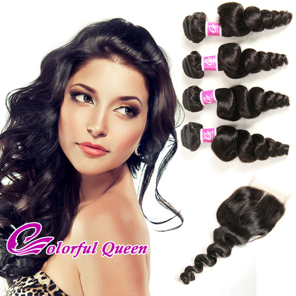 Colorful Queen Indian Human Virgin Hair Weaves with Closures 4Pcs Indian Loose Curly Wave Hair Extensions With Closure Loose Wave Closure