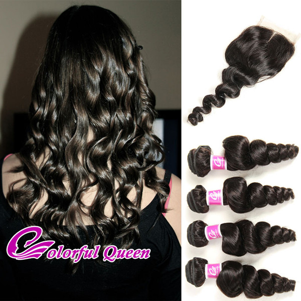 Colorful Queen Virgin Peruvian Hair 4 Bundles with Closure Loose Curly Peruvian Hair with Closure 5Pcs/Lot Peruvian Loose Wave With Closure