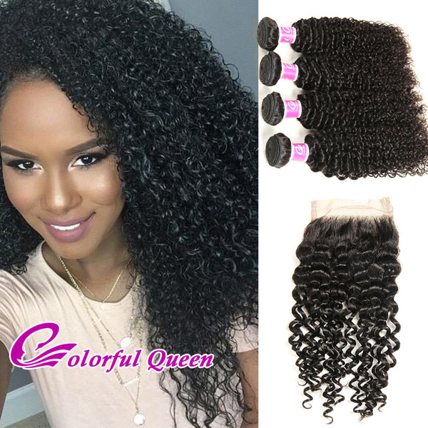 Colorful Queen Brazilian Virgin Hair 4 Bundles With Closure Afro Kinky Curly Brazilian Kinky Curly Hair With Closure Hair Weaves Closures