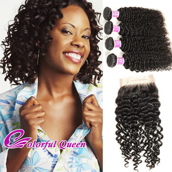 Colorful Queen Malaysian Kinky Curly Hair With Closure Malaysian Virgin Hair 4 Bundles With Closure Afro Kinky Curly Hair Weaves Closures