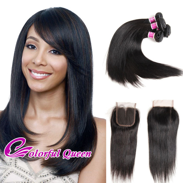 Colorful Queen Raw Indian Human Hair Bundles with Lace Closure Indian Straight Hair 4 Bundles Weaves with Lace Closures with Baby Hair