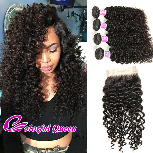 Colorful Queen Indian Kinky Curly Hair With Closure Indian Virgin Hair 4 Bundles With Closure Afro Kinky Curly Hair Weaves Closures