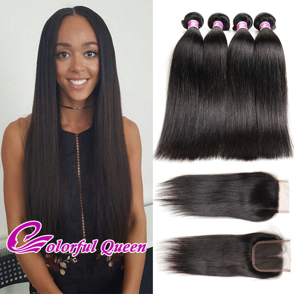 Colorful Queen Peruvian Virgin Hair with Closure 4 Bundles Human Hair Weaves with Closure Peruvian Straight Hair with Lace Closures