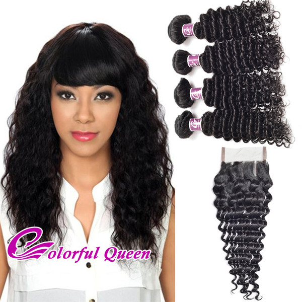 Indian Curly Hair 4 Bundles With Closure Deep Curly Wave Indian Deep Curly Virgin Hair Weaves With Closure Indian Deep Wave with Closures