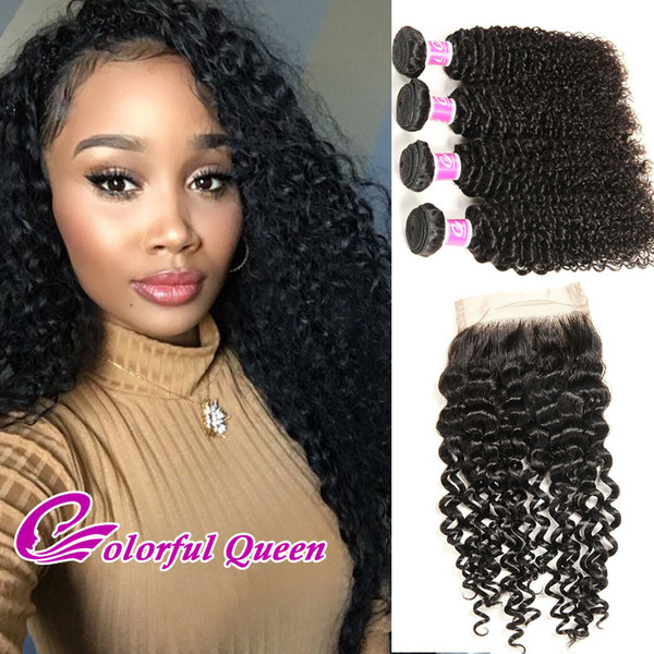 Colorful Queen Peruvian Kinky Curly Hair With Closure Peruvian Virgin Hair 4 Bundles With Closure Peruvian Kinky Curly Hair Closures